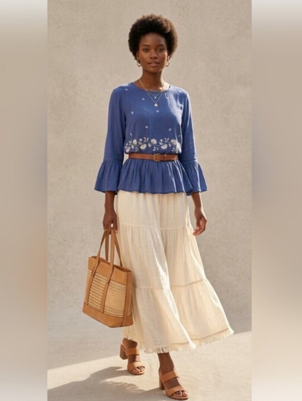 Alya Women's Size Small Blue Embroidered Florals Bell Hem Pullover Blouse - Picture 10 of 10